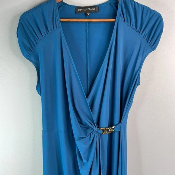 CONTEMPORAINE NWT Faux Wrap Dress Dark Teal Blue Chain Simons Ruched Size M - Picture 3 of 11